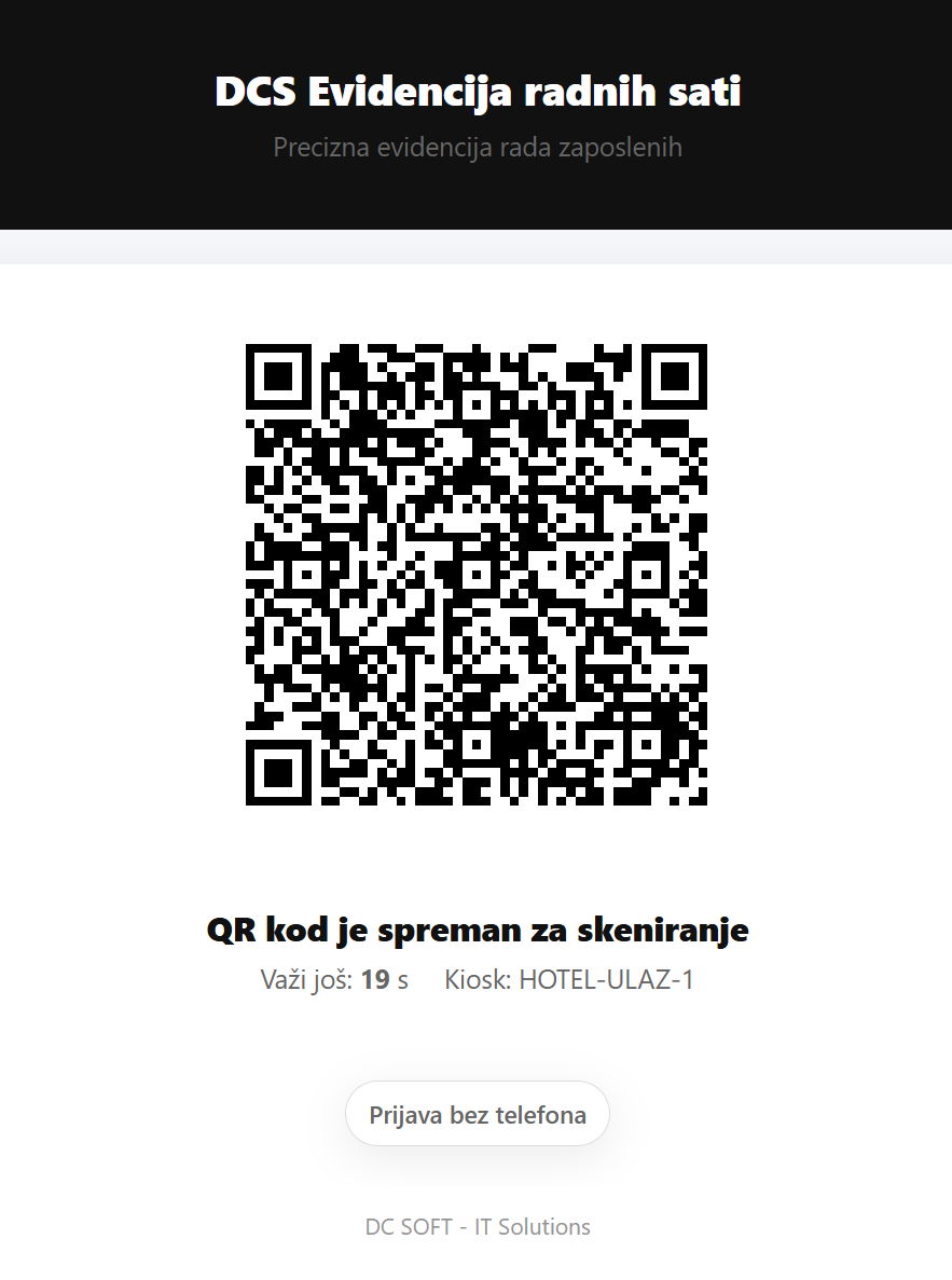 Kiosk ekran sa dinamičkim QR kodom za evidenciju radnog vremena