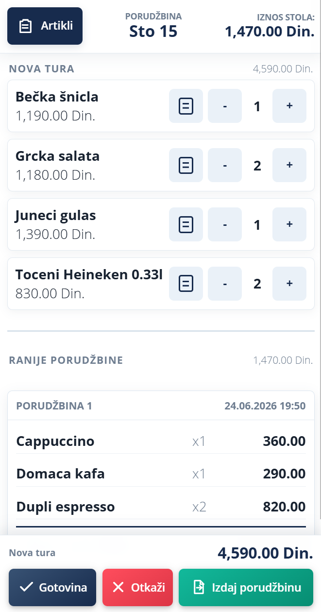 Pregled nove ture i ranijih porudžbina za sto