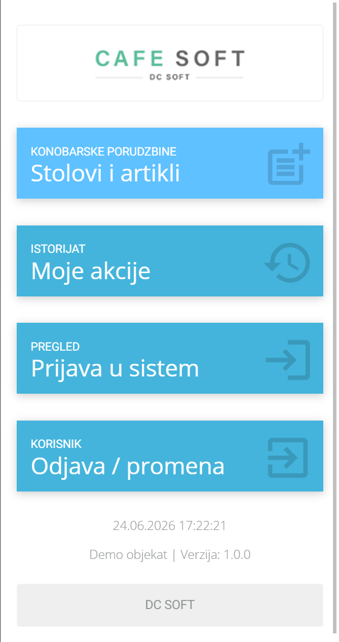 Početni ekran mobilne aplikacije za konobare
