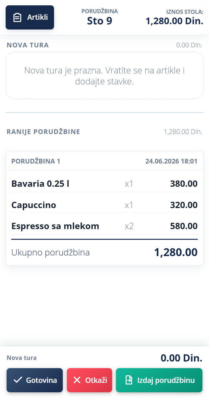 Pregled porudžbine pre slanja na šank ili kuhinju